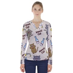 Happy-cats-pattern-background V-neck Long Sleeve Top