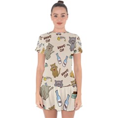 Happy-cats-pattern-background Drop Hem Mini Chiffon Dress by Jancukart