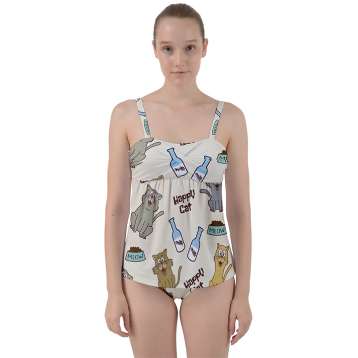 Happy-cats-pattern-background Twist Front Tankini Set