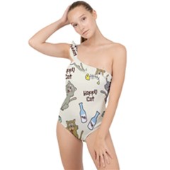 Happy-cats-pattern-background Frilly One Shoulder Swimsuit