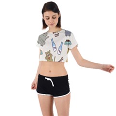 Happy-cats-pattern-background Tie Back Short Sleeve Crop Tee