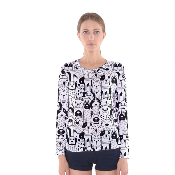 Seamless-pattern-with-black-white-doodle-dogs Women s Long Sleeve Tee