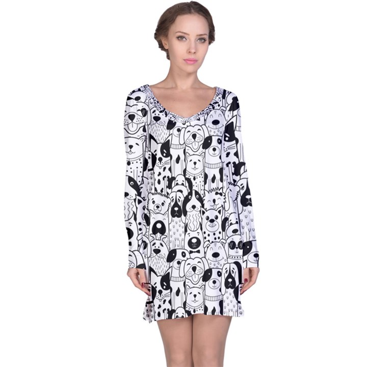 Seamless-pattern-with-black-white-doodle-dogs Long Sleeve Nightdress