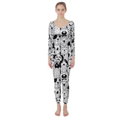 Seamless-pattern-with-black-white-doodle-dogs Long Sleeve Catsuit