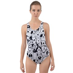 Seamless-pattern-with-black-white-doodle-dogs Cut-out Back One Piece Swimsuit