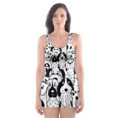 Seamless-pattern-with-black-white-doodle-dogs Skater Dress Swimsuit