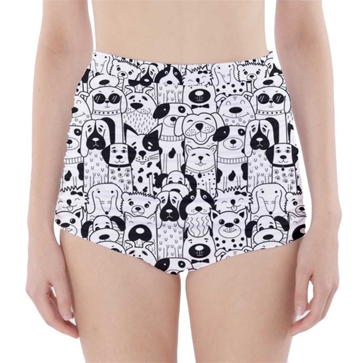 Seamless-pattern-with-black-white-doodle-dogs High-Waisted Bikini Bottoms