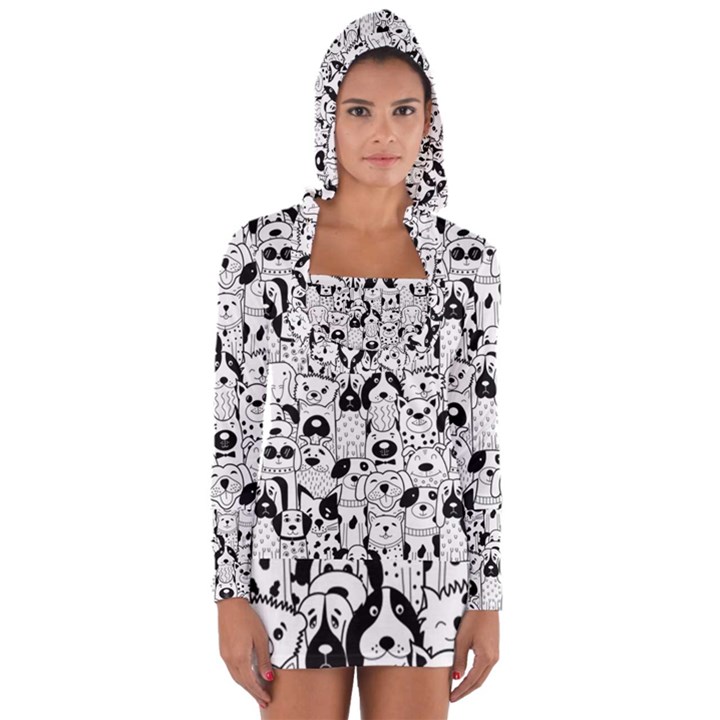 Seamless-pattern-with-black-white-doodle-dogs Long Sleeve Hooded T-shirt