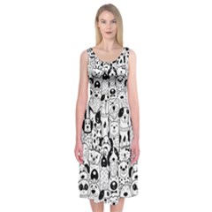 Seamless-pattern-with-black-white-doodle-dogs Midi Sleeveless Dress