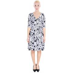 Seamless-pattern-with-black-white-doodle-dogs Wrap Up Cocktail Dress