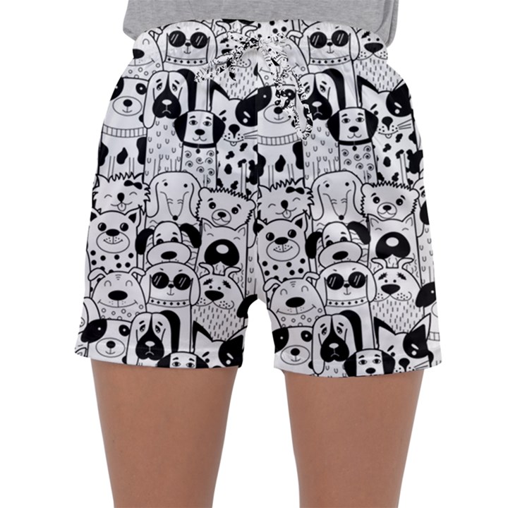 Seamless-pattern-with-black-white-doodle-dogs Sleepwear Shorts