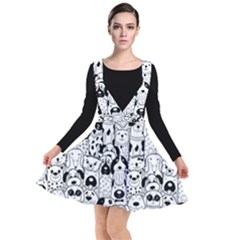 Seamless-pattern-with-black-white-doodle-dogs Plunge Pinafore Dress