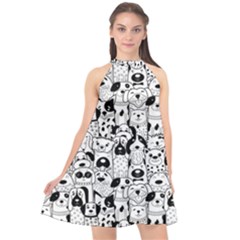 Seamless-pattern-with-black-white-doodle-dogs Halter Neckline Chiffon Dress 