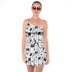 Seamless-pattern-with-black-white-doodle-dogs One Soulder Bodycon Dress by Jancukart