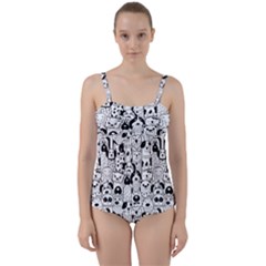 Seamless-pattern-with-black-white-doodle-dogs Twist Front Tankini Set