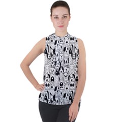 Seamless-pattern-with-black-white-doodle-dogs Mock Neck Chiffon Sleeveless Top