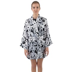 Seamless-pattern-with-black-white-doodle-dogs Long Sleeve Satin Kimono