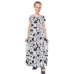 Seamless-pattern-with-black-white-doodle-dogs Kids  Short Sleeve Maxi Dress by Jancukart