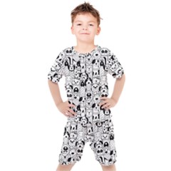 Seamless-pattern-with-black-white-doodle-dogs Kids  Tee And Shorts Set