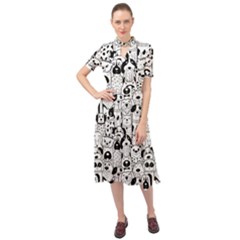 Seamless-pattern-with-black-white-doodle-dogs Keyhole Neckline Chiffon Dress