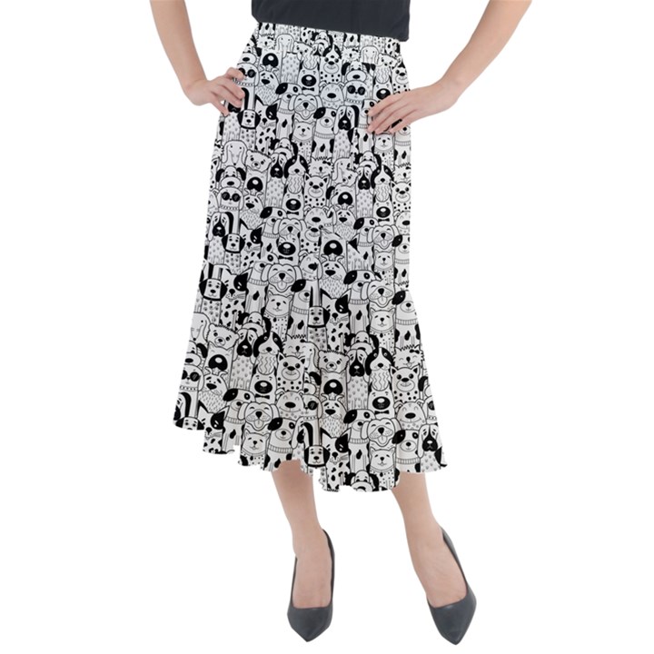 Seamless-pattern-with-black-white-doodle-dogs Midi Mermaid Skirt