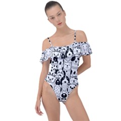 Seamless-pattern-with-black-white-doodle-dogs Frill Detail One Piece Swimsuit