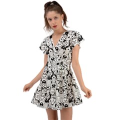 Seamless-pattern-with-black-white-doodle-dogs Flutter Sleeve Wrap Dress