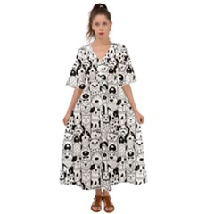 Seamless-pattern-with-black-white-doodle-dogs Kimono Sleeve Boho Dress by Jancukart