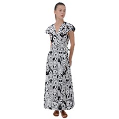 Seamless-pattern-with-black-white-doodle-dogs Flutter Sleeve Maxi Dress by Jancukart