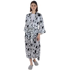 Seamless-pattern-with-black-white-doodle-dogs Maxi Satin Kimono by Jancukart