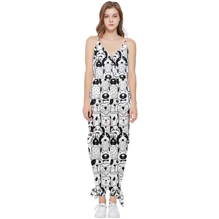 Seamless-pattern-with-black-white-doodle-dogs Sleeveless Tie Ankle Chiffon Jumpsuit