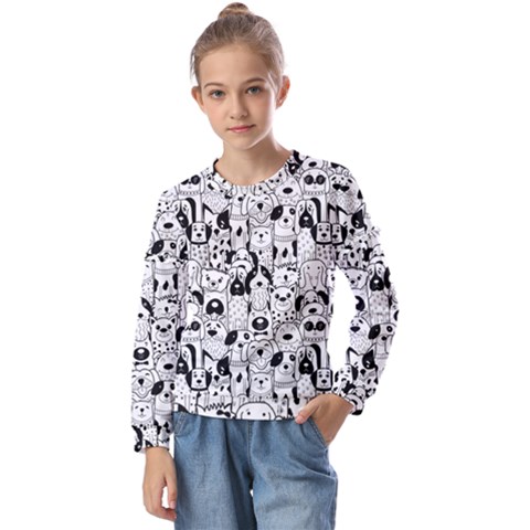 Seamless-pattern-with-black-white-doodle-dogs Kids  Long Sleeve Tee With Frill  by Jancukart