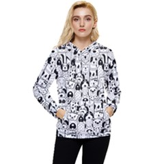 Seamless-pattern-with-black-white-doodle-dogs Women s Lightweight Drawstring Hoodie