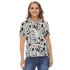 Seamless-pattern-with-black-white-doodle-dogs Women s Short Sleeve Double Pocket Shirt