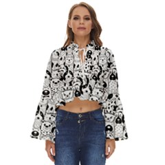 Seamless-pattern-with-black-white-doodle-dogs Boho Long Bell Sleeve Top