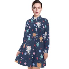 Cute-astronaut-cat-with-star-galaxy-elements-seamless-pattern Long Sleeve Chiffon Shirt Dress