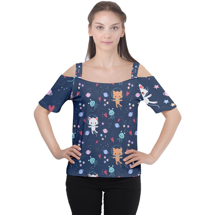 Cute-astronaut-cat-with-star-galaxy-elements-seamless-pattern Cutout Shoulder Tee