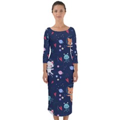 Cute-astronaut-cat-with-star-galaxy-elements-seamless-pattern Quarter Sleeve Midi Bodycon Dress