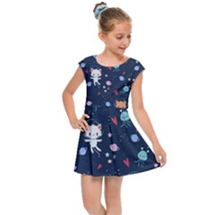 Cute-astronaut-cat-with-star-galaxy-elements-seamless-pattern Kids  Cap Sleeve Dress