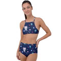 Cute-astronaut-cat-with-star-galaxy-elements-seamless-pattern High Waist Tankini Set