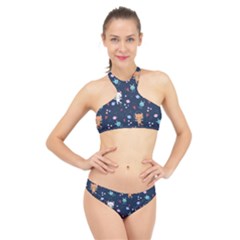 Cute-astronaut-cat-with-star-galaxy-elements-seamless-pattern High Neck Bikini Set