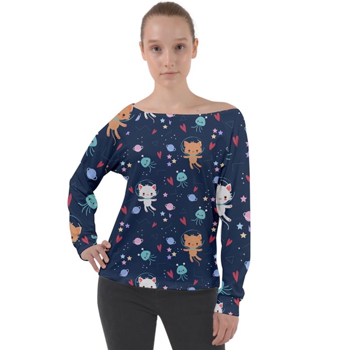 Cute-astronaut-cat-with-star-galaxy-elements-seamless-pattern Off Shoulder Long Sleeve Velour Top