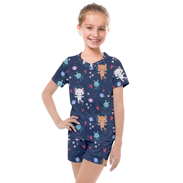 Cute-astronaut-cat-with-star-galaxy-elements-seamless-pattern Kids  Mesh Tee and Shorts Set