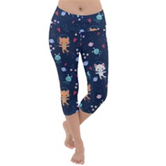 Cute-astronaut-cat-with-star-galaxy-elements-seamless-pattern Lightweight Velour Capri Yoga Leggings