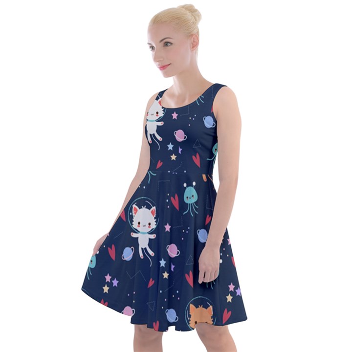 Cute-astronaut-cat-with-star-galaxy-elements-seamless-pattern Knee Length Skater Dress