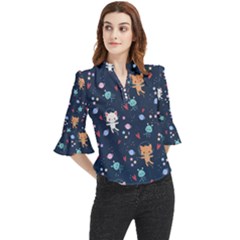 Cute-astronaut-cat-with-star-galaxy-elements-seamless-pattern Loose Horn Sleeve Chiffon Blouse