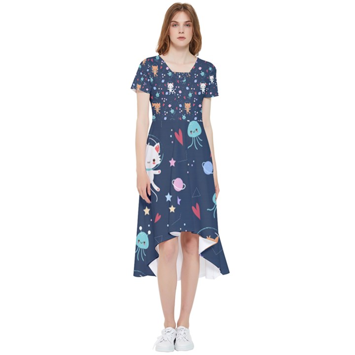 Cute-astronaut-cat-with-star-galaxy-elements-seamless-pattern High Low Boho Dress