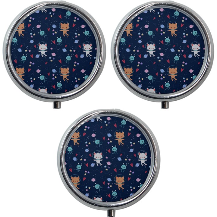 Cute-astronaut-cat-with-star-galaxy-elements-seamless-pattern Mini Round Pill Box (Pack of 3)