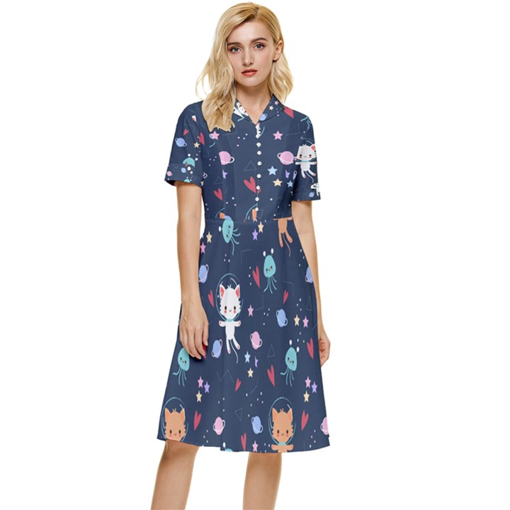 Cute-astronaut-cat-with-star-galaxy-elements-seamless-pattern Button Top Knee Length Dress