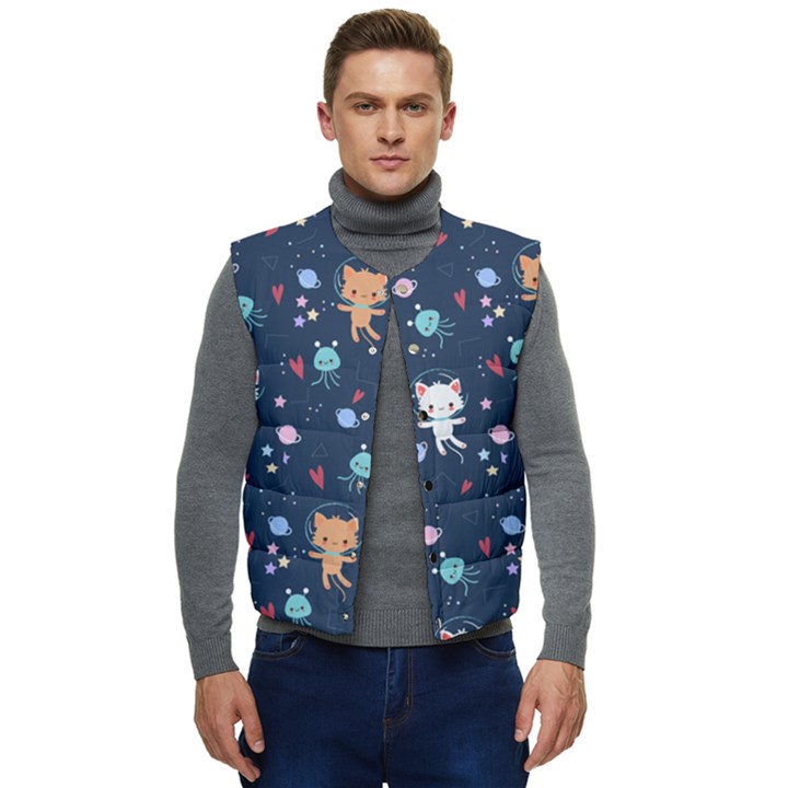 Cute-astronaut-cat-with-star-galaxy-elements-seamless-pattern Men s Short Button Up Puffer Vest	